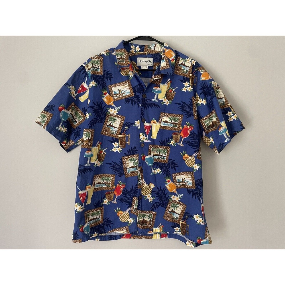 Bishop St. Apparel L Vintage Hawaiian Shirt Button Up Cotton Made In Hawaii Blue